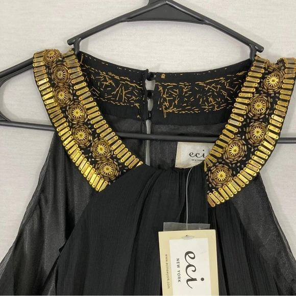 NEW ECI New York Black Gold Embellished 100% Silk Dress size 2 - Picture 2 of 9